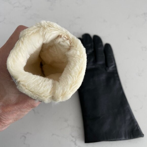 Hudson's Bay Outdoor Classic Leather Fur Lined Gloves Black + Cream Sz OS NWOT - Picture 3 of 7